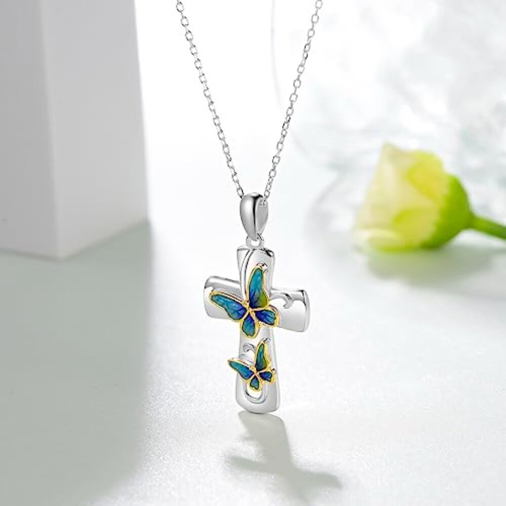 Sterling Silver Cross Butterfly Pendant Necklace Elegant Faith Symbol Jewelry - Picture 4 of 8